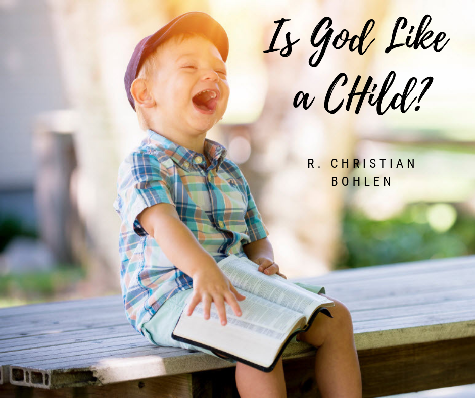 Little boy laughing, holding book. Text reads: Is God Like a Child?