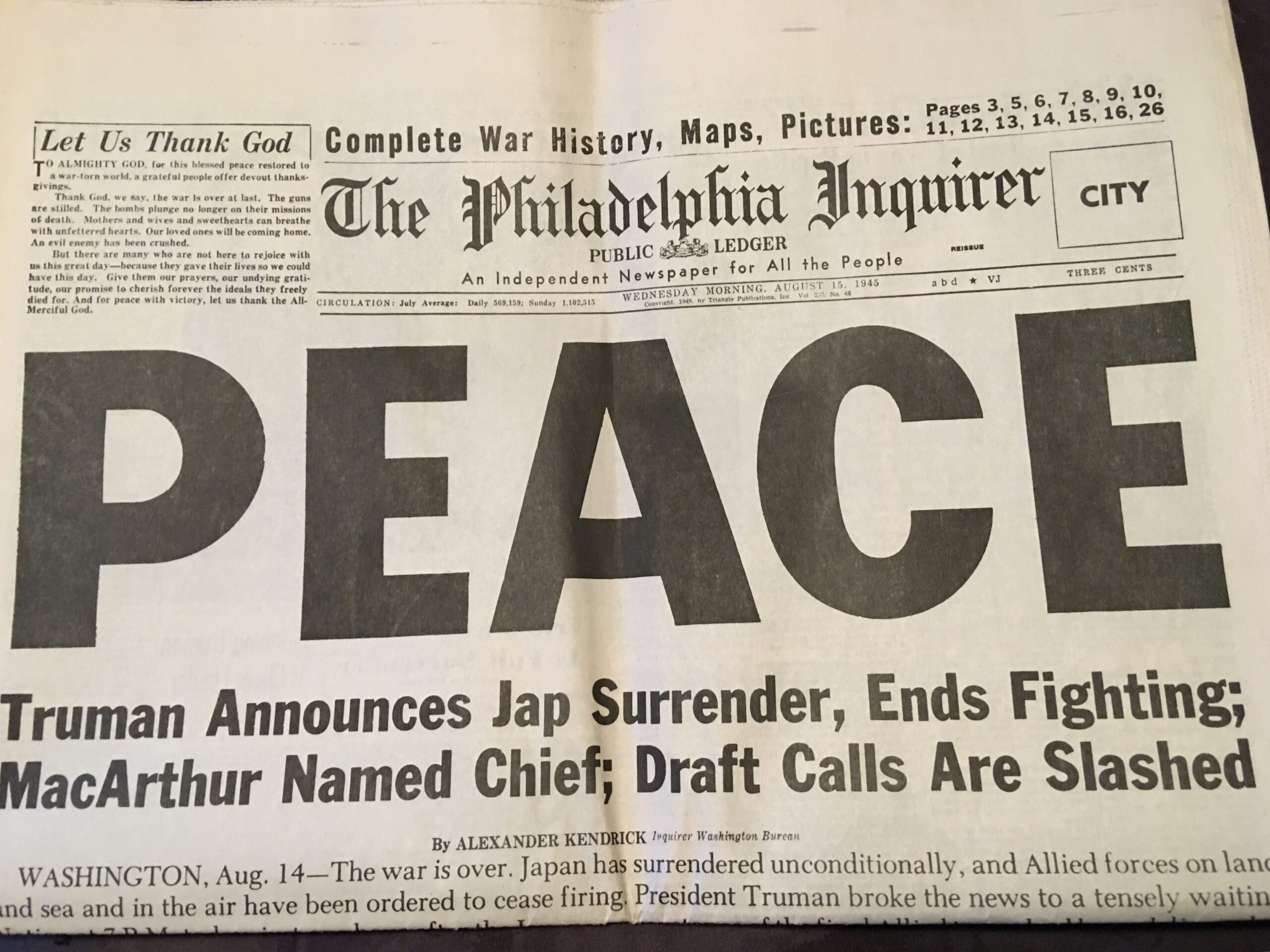 Newspaper front page declaring end of WWII - Philadelphia Inquirer