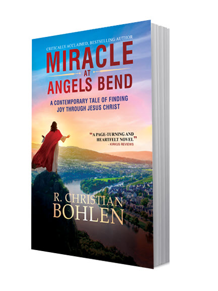 Miracle at Angels Bend book cover, landscape scene very colorful with Jesus arms extended on hilltop